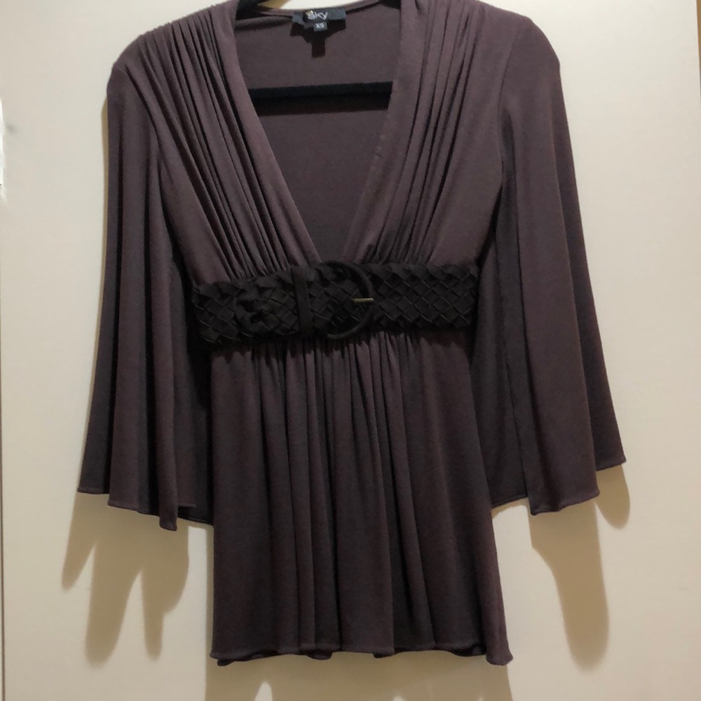 Sky Braided-Belt V-Neck Blouse in Deep Brown